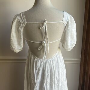 Reverse White Smock Midi Dress open Tie Back Puff Sleeves